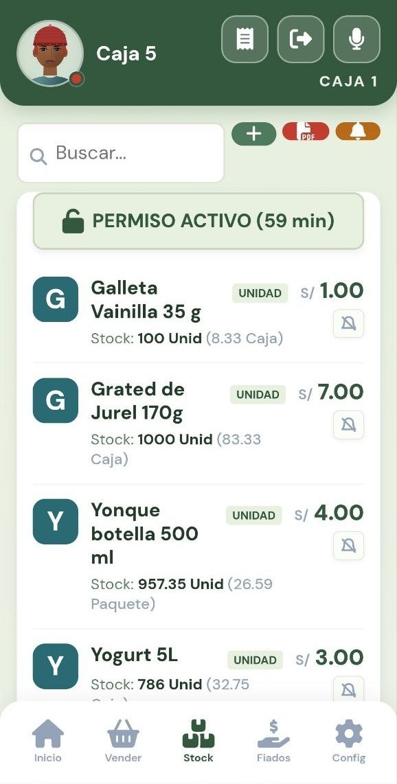 Pantalla de inventario de CARTHEN Market: cada producto con su precio y su stock en unidades
