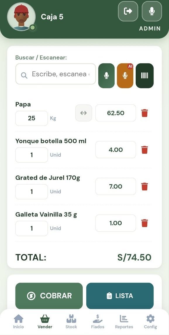 Pantalla de cobro de CARTHEN Market: cuatro productos en el carrito y el total de S/ 74.50 abajo, con los botones Cobrar y Lista